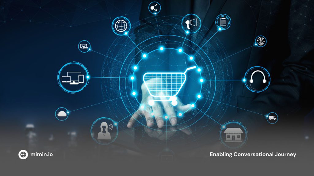 A hand holding a digital representation of omnichannel with interconnected icons symbolizing various communication and sales channels.